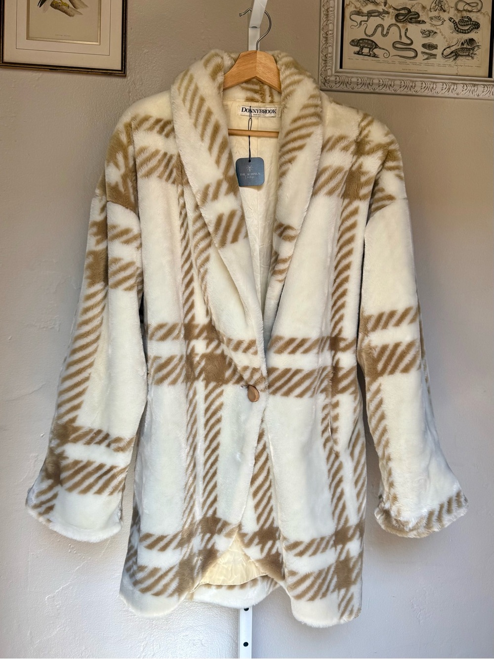 Vintage Faux Fur Fuzzy Plaid Coat, Fits Like a Large